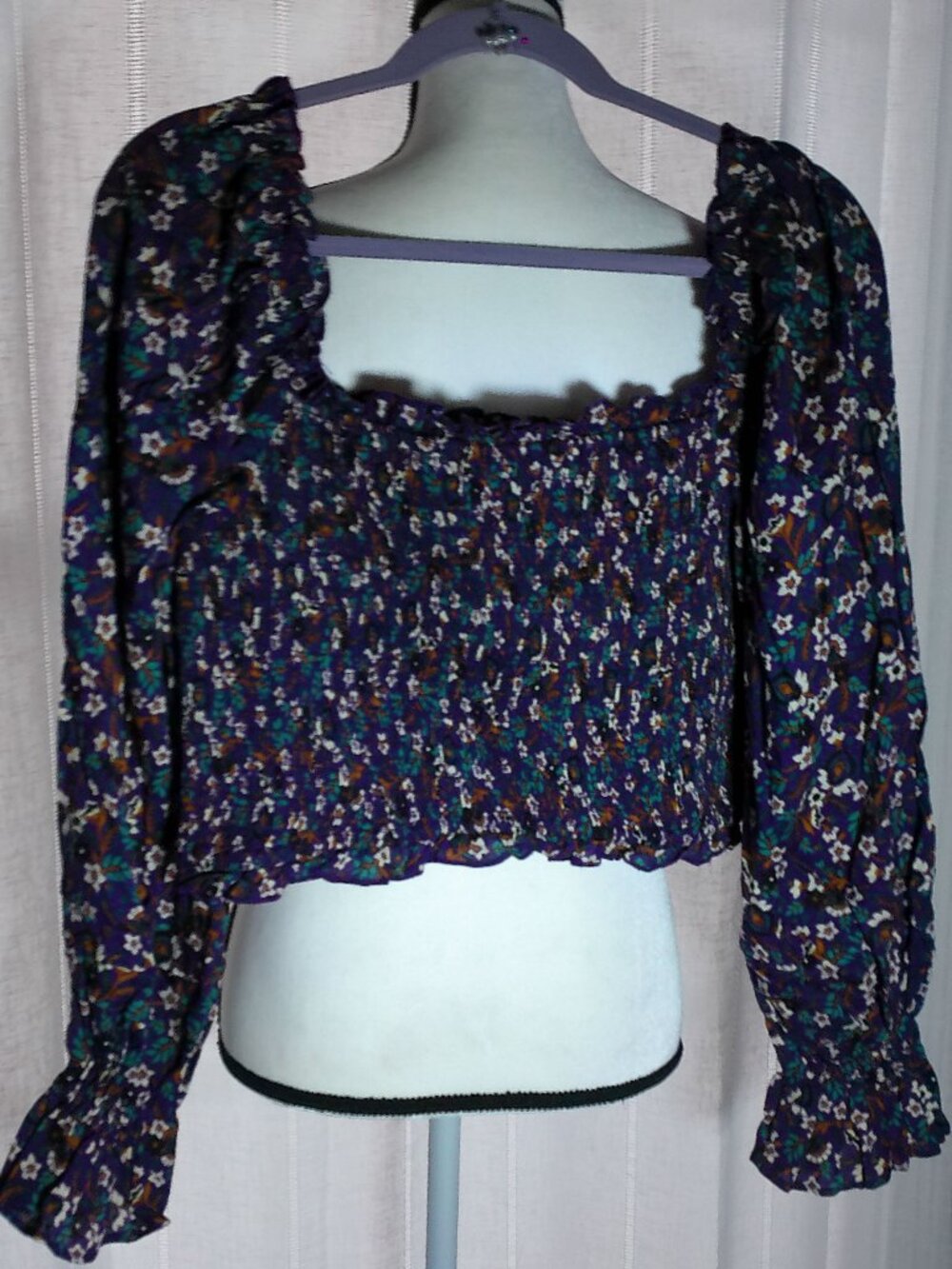 BAND OF THE FREE Blouse Square Neck Rushed Waist Purple Floral NWT L